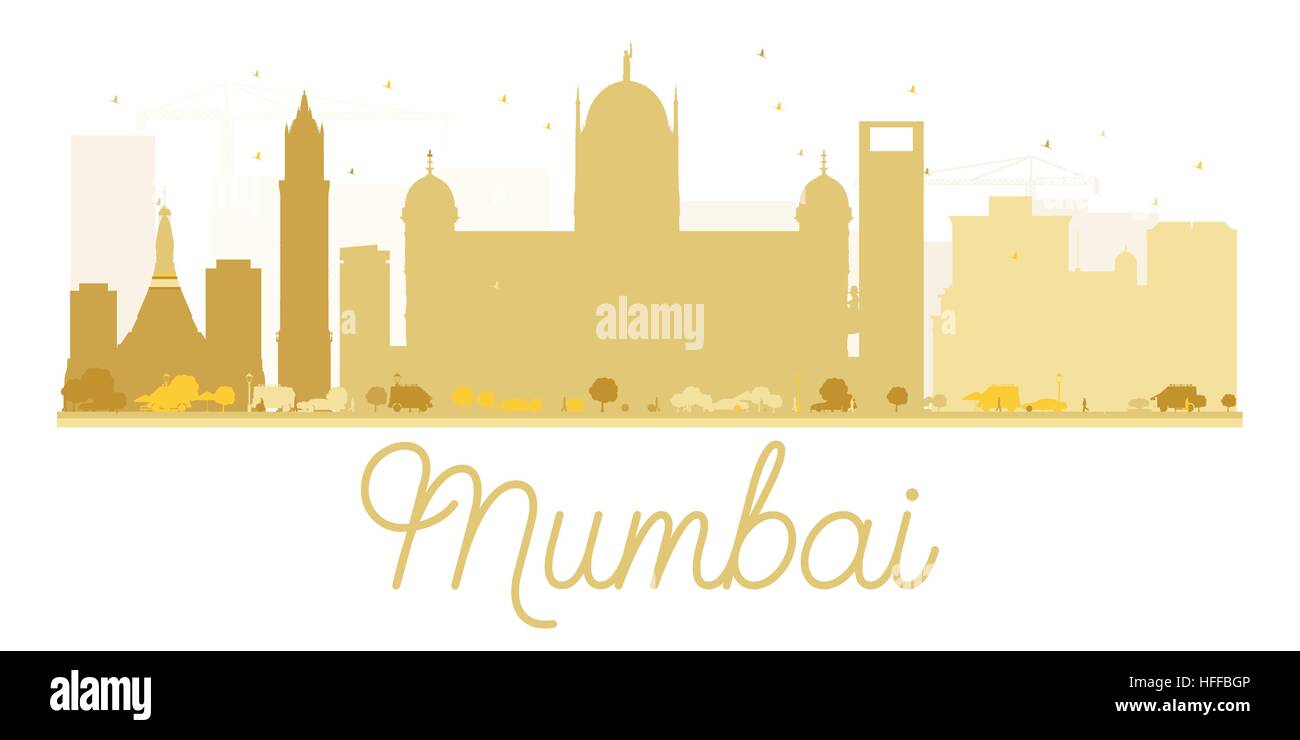 Mumbai City skyline golden silhouette. Vector illustration. Simple flat concept for tourism presentation, banner, placard or web site. Stock Vector