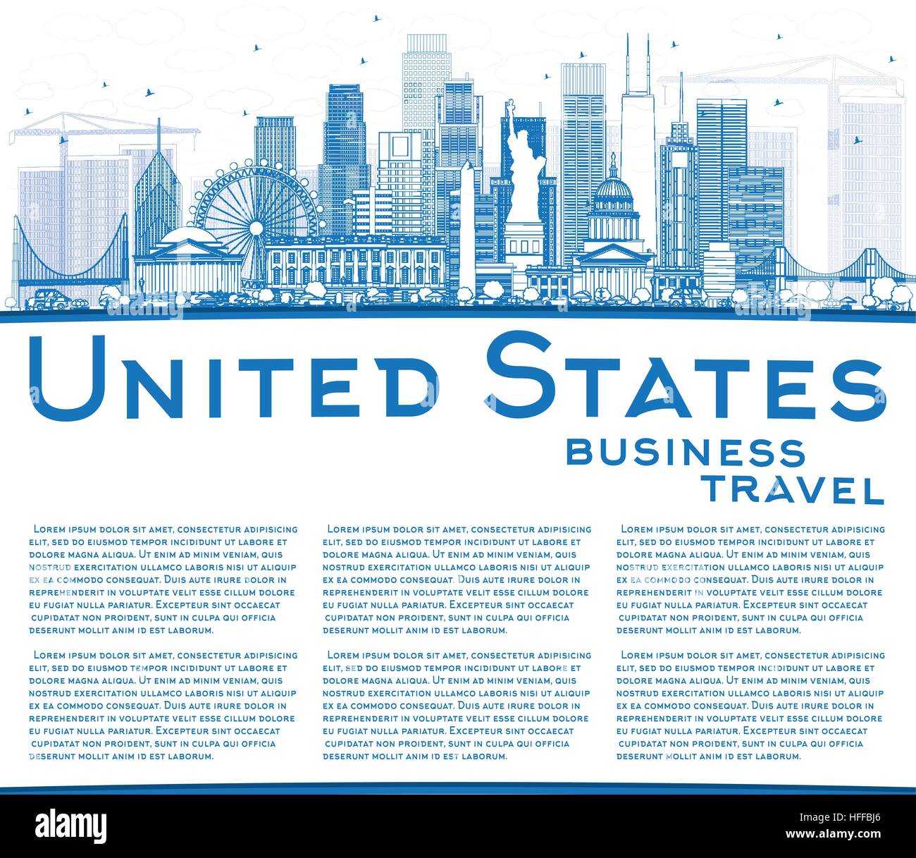 Outline USA Skyline with Blue Skyscrapers, Landmarks and Copy Space ...