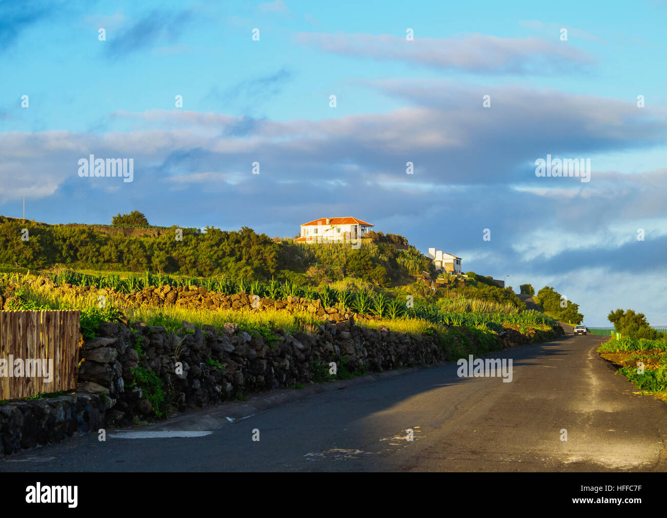 Portugal, Azores, Corvo, View of the Vila do Corvo. Stock Photo
