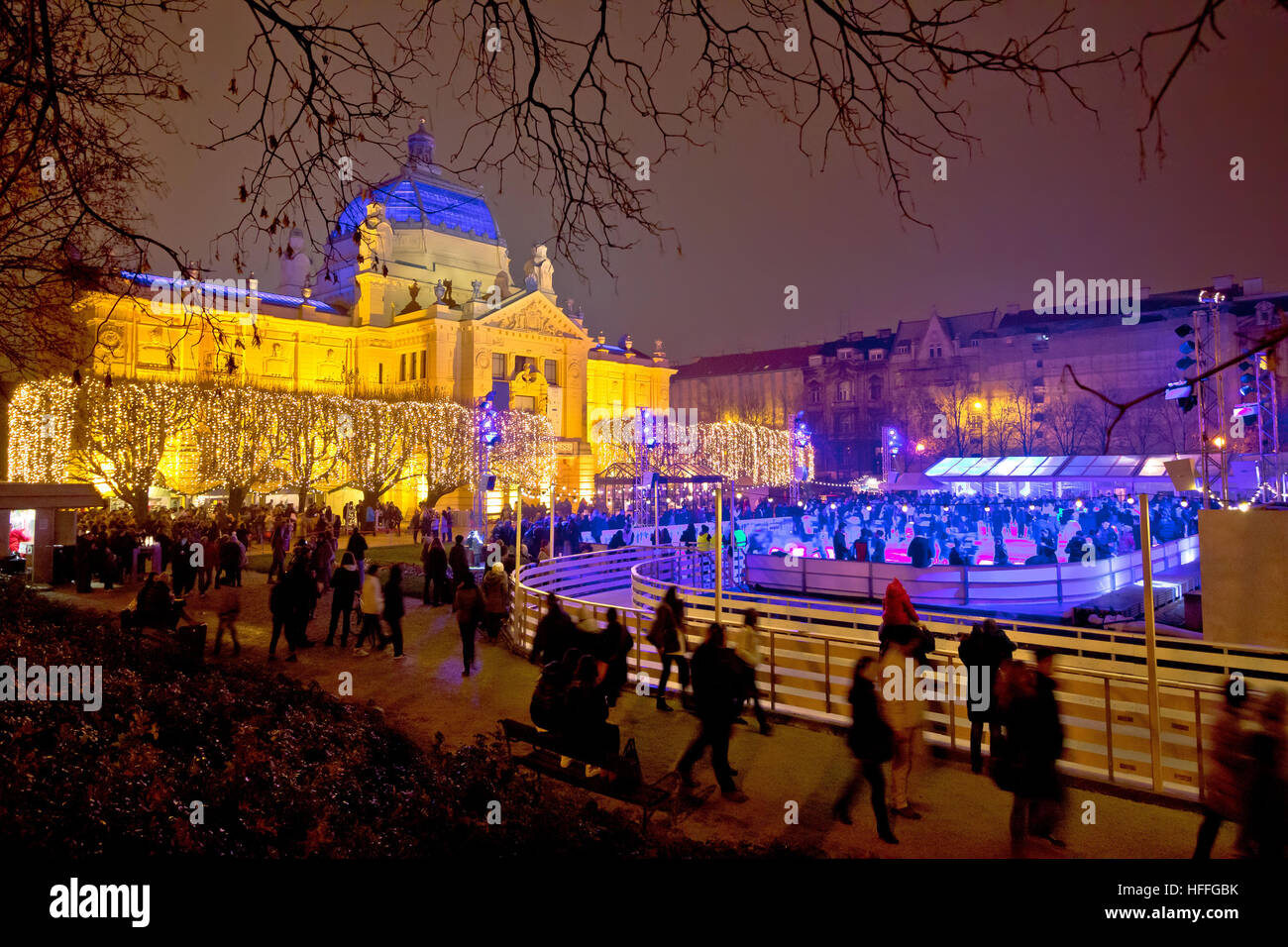 Zagreb christmas ice park evening view, capital of Croatia Stock Photo