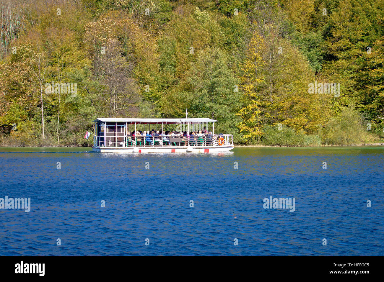 Plitvice lakes national park in Croatia electric boat in nature Stock Photo