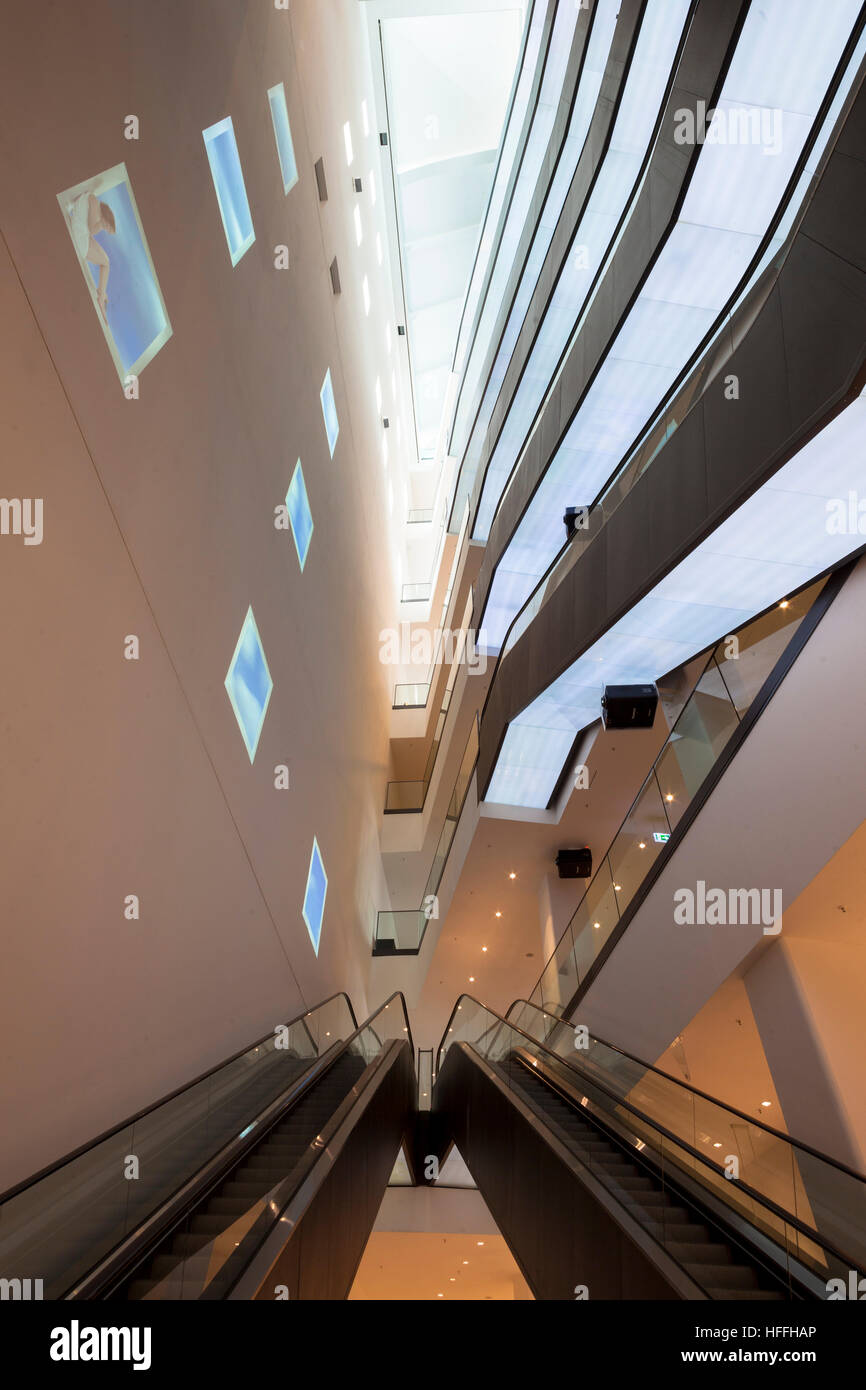 Germany, Dortmund, escalators in the building Dortmunder U, a center for the arts and creativity, Museum Ostwall. Stock Photo