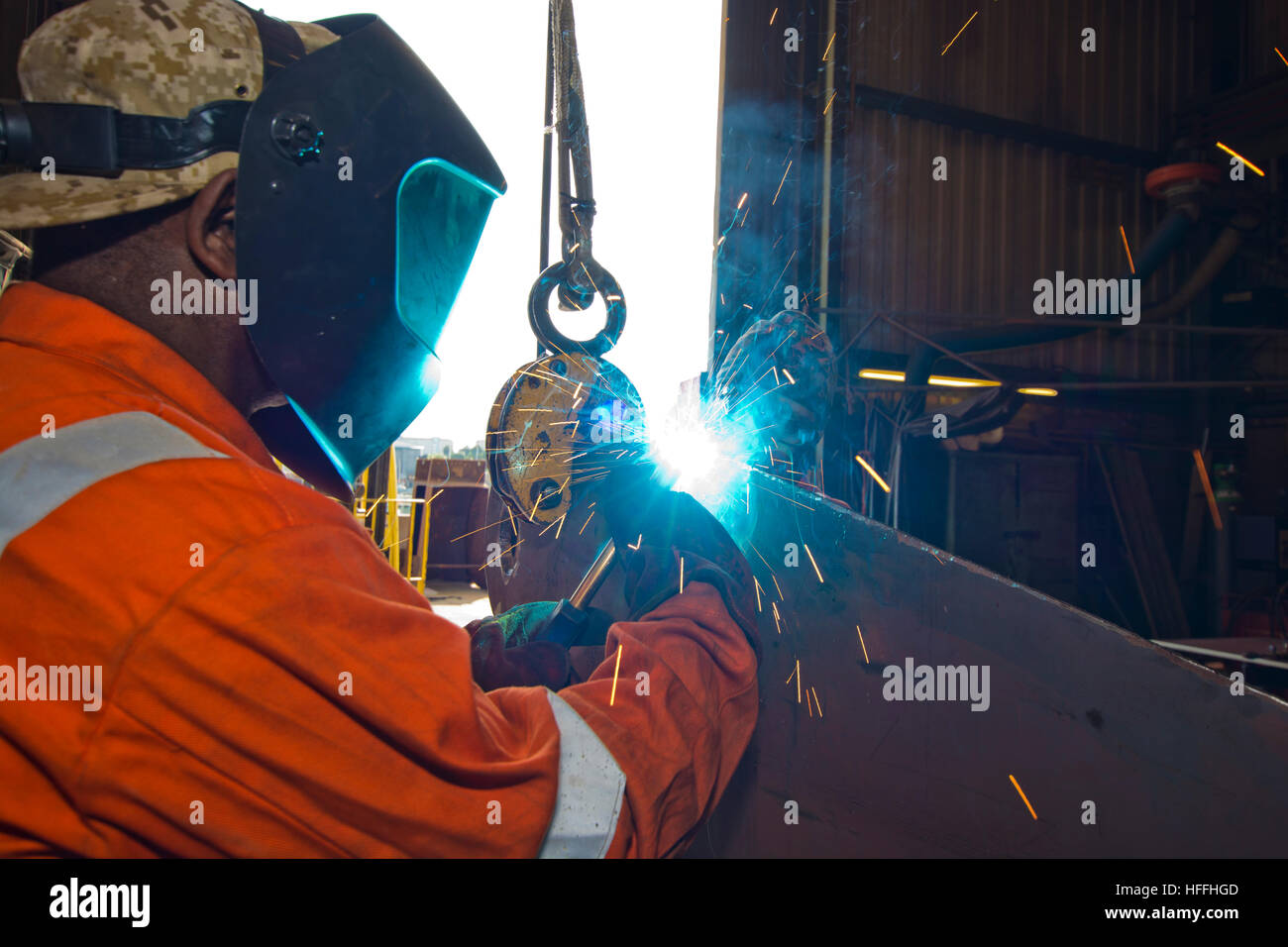 Spot welding steel at industrial engineering works Stock Photo