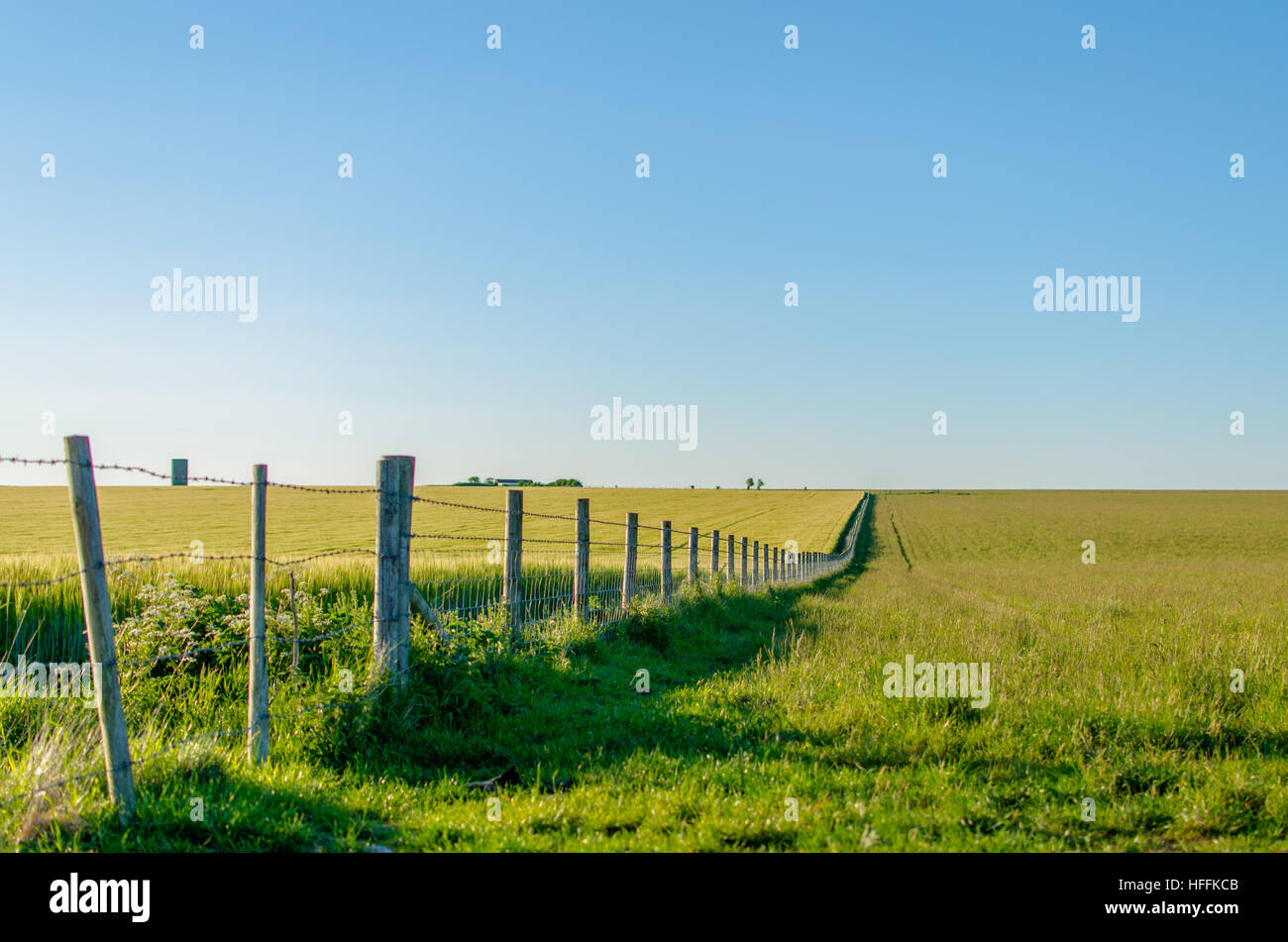 Linear perspective of a boundary fence running through an idyllic farm Stock Photo