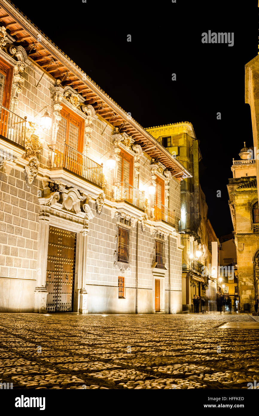 Long exposure picture of a stone street taken at night close to an old palace Stock Photo