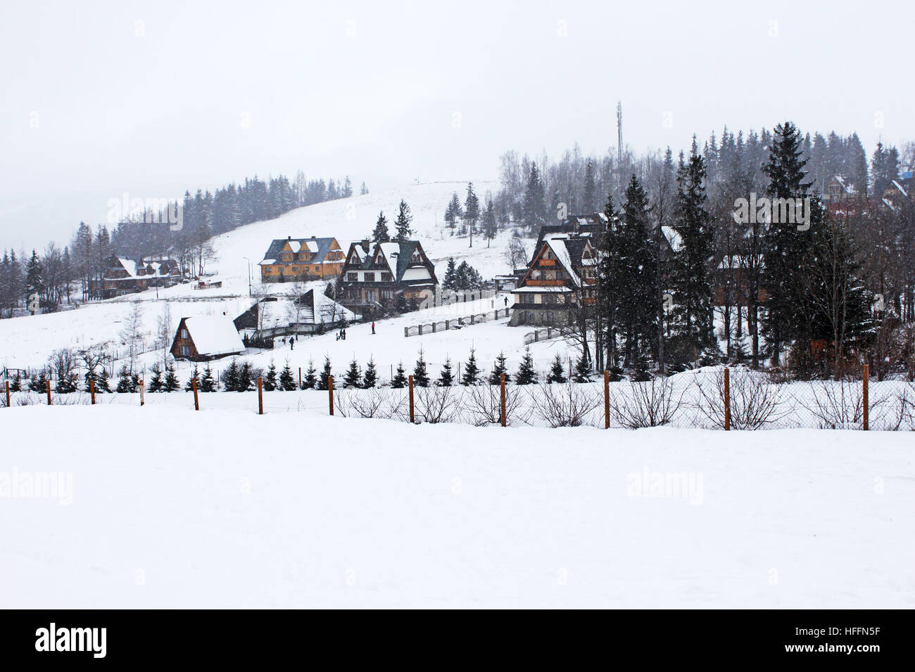 Snowing in Tatry mountains. Zakopane city. Poland. Stock Photo