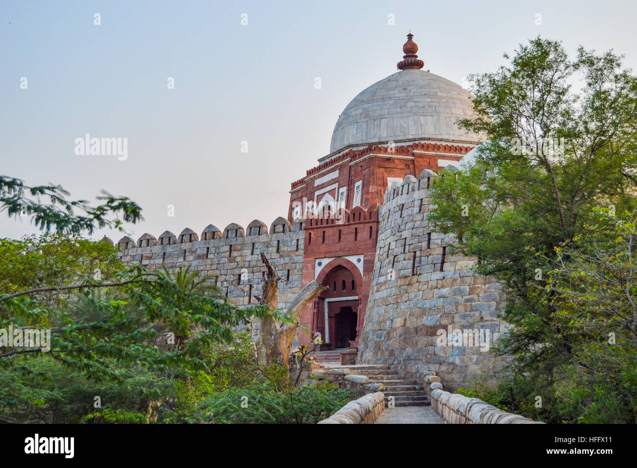 The tomb of Ghiyas ud-Din Tughluq in Tughlaqabad in New Delhi, India. The tomb was constructed in 1325. Stock Photo