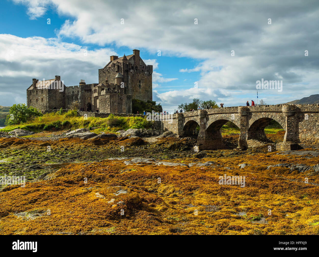 UK, Scotland, Highlands, Dornie, View of the Eilean Donan Castle. Stock Photo