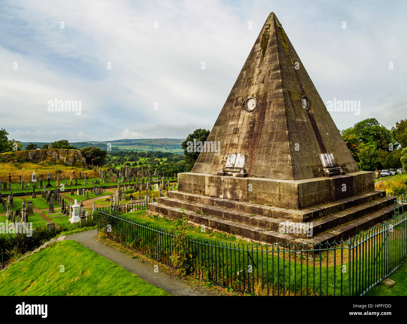 UK, Scotland, Stirling, View of the Star Pyramid on the Valley Cemetery. Stock Photo