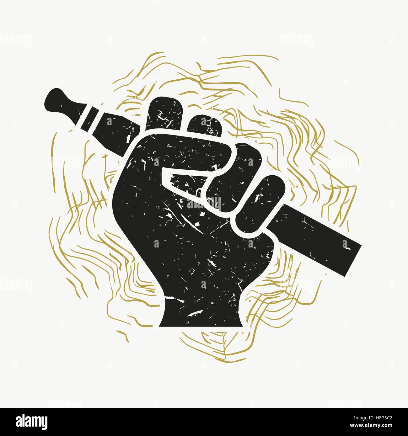 Vape Icon. Hand Holding E-cigarette. Vaping Symbol On Retro Grunge Background. Vaporize Pen Device In A Hand. Vector Illustration. Stock Vector