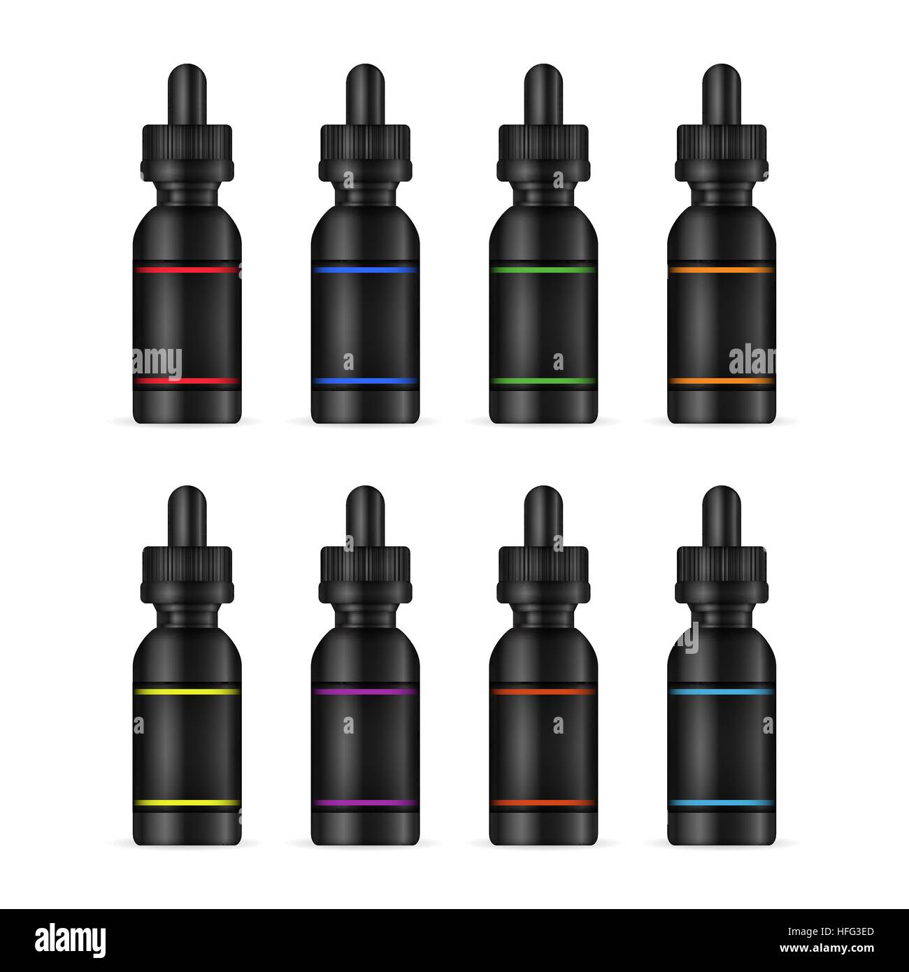 Vape Liquid Bottles. Set Photo Realistic Eliquid Bottle Mock Up Of
