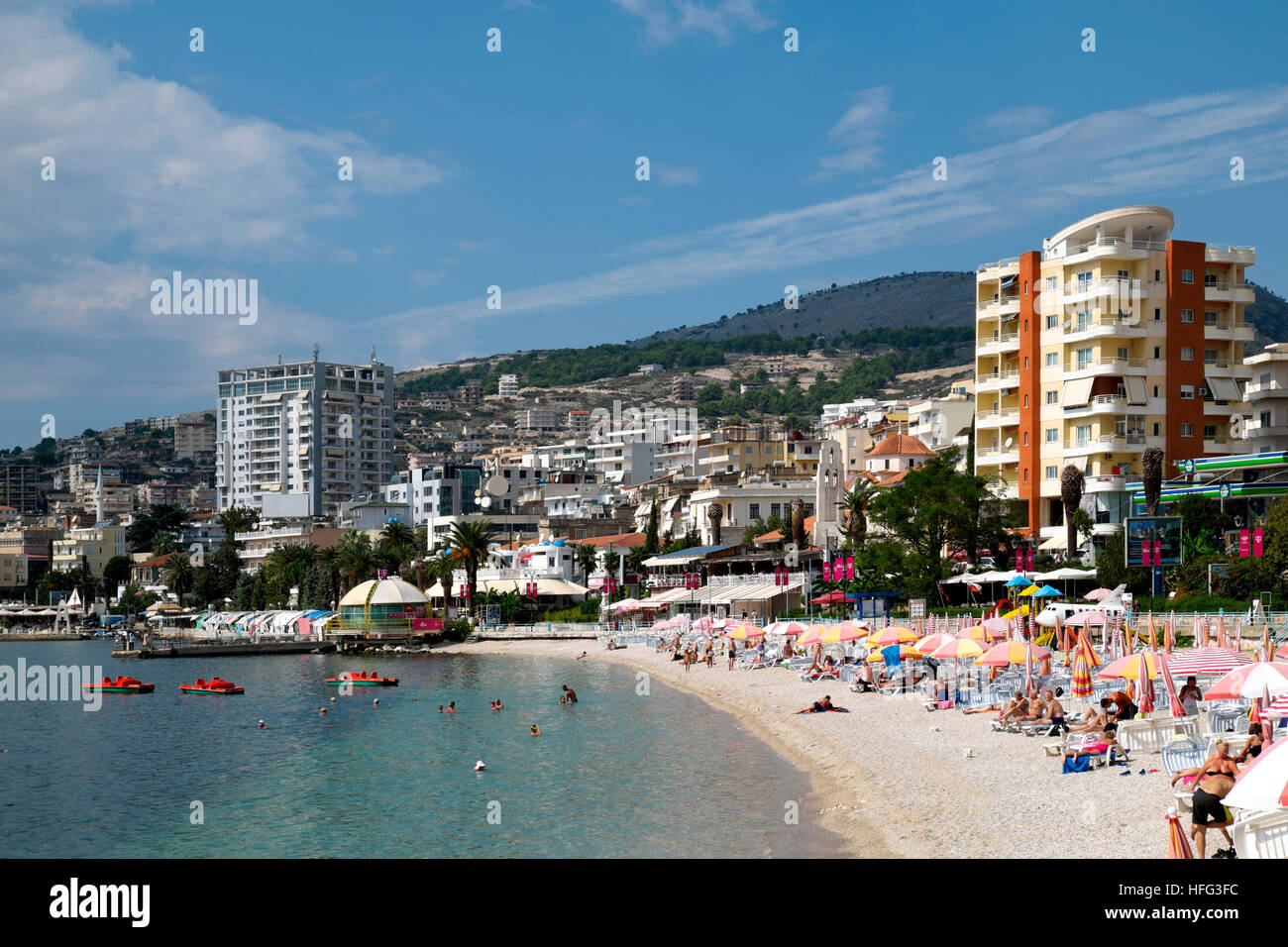 Beach and promenade, Sarandë, Vlorë County, Albania Stock Photo