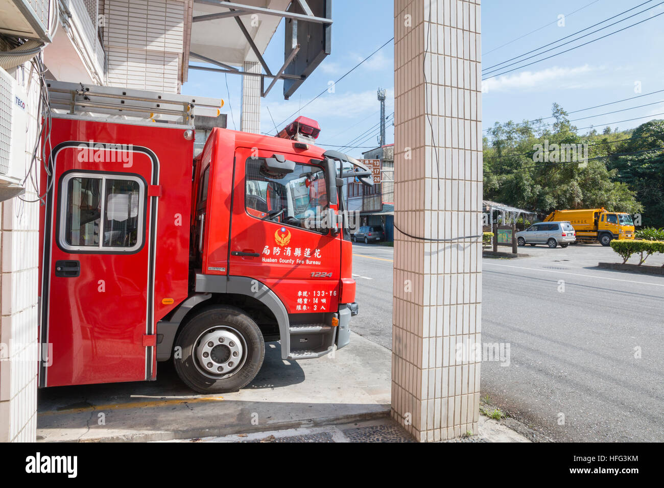 [Editorial Use Only] Red fire truck at Hualien County Fire Department,  Taiwan Stock Photo