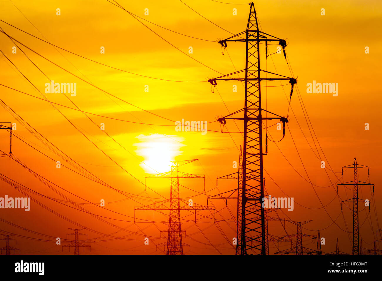 Power Lines Sunset Stock Photo