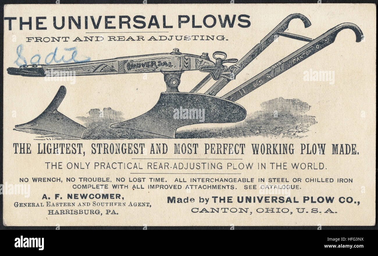Agriculture Trade Cards - Buy the Universal Plow, made at Canton Ohio. Stock Photo