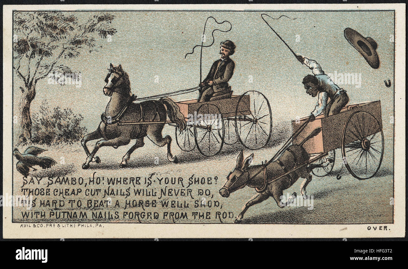 Agriculture Trade Cards - Say, Sambo, ho! Where is our shoe  Those cheap cut nails will never do, 'tis hard to beat a horse well shod, with Putnam nails forged from the rod Stock Photo