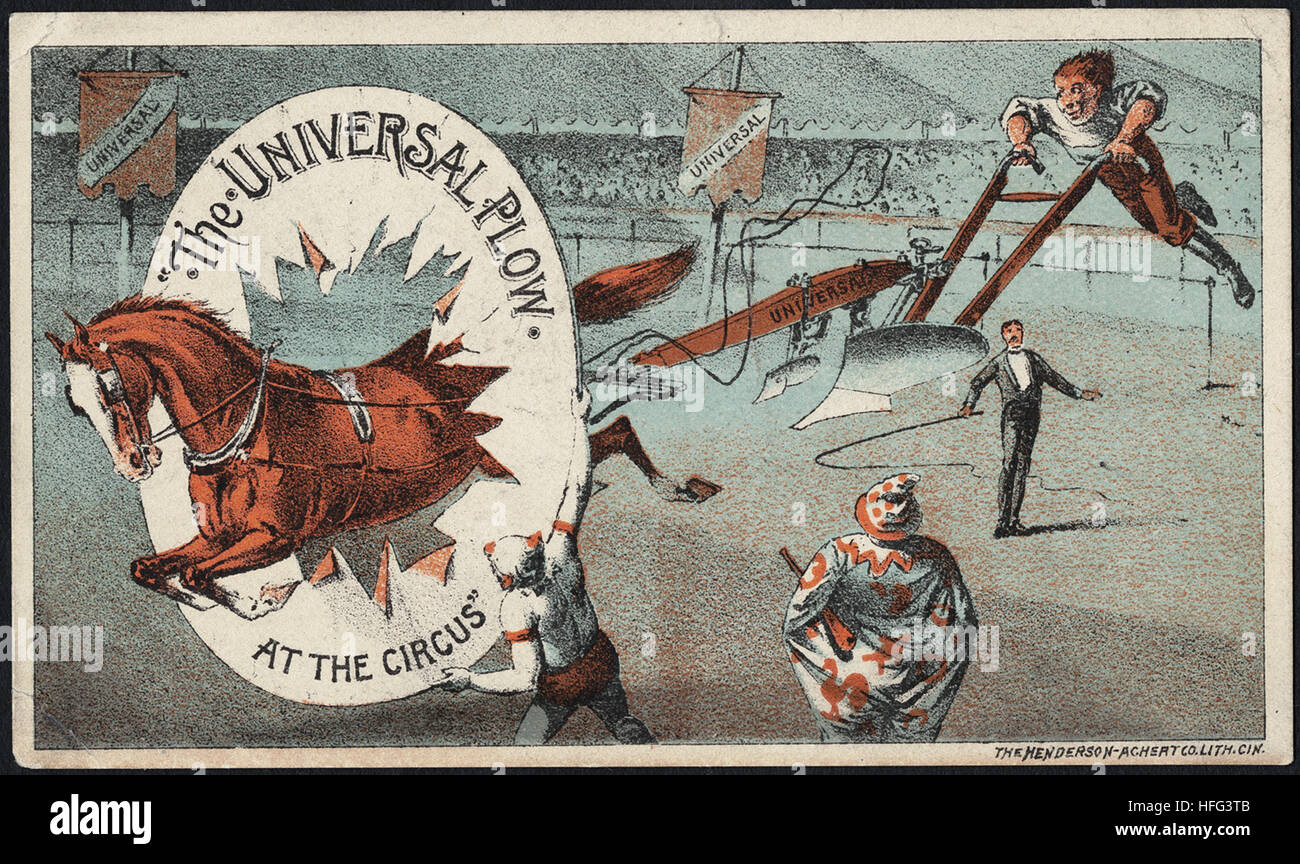 Agriculture Trade Cards - The Universal Plow at the circus Stock Photo