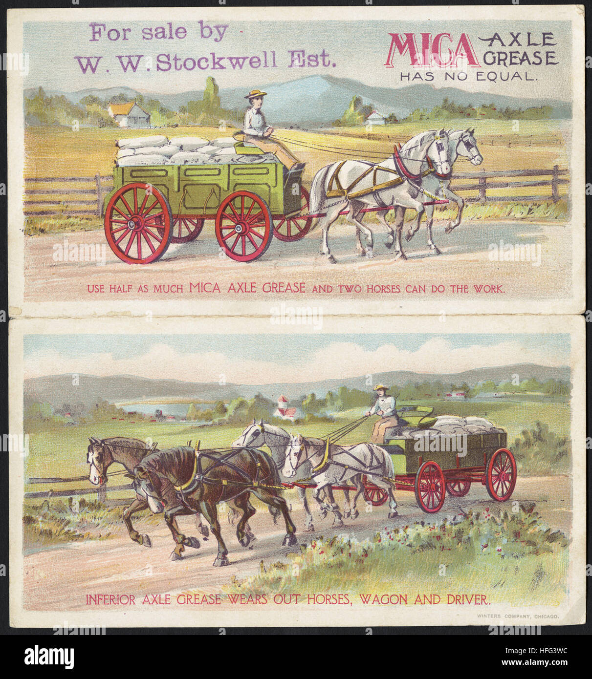 Agriculture Trade Cards - Mica Axle Grease has no equal. Use half as much Mica Axle Grease and two horses can do the work Stock Photo