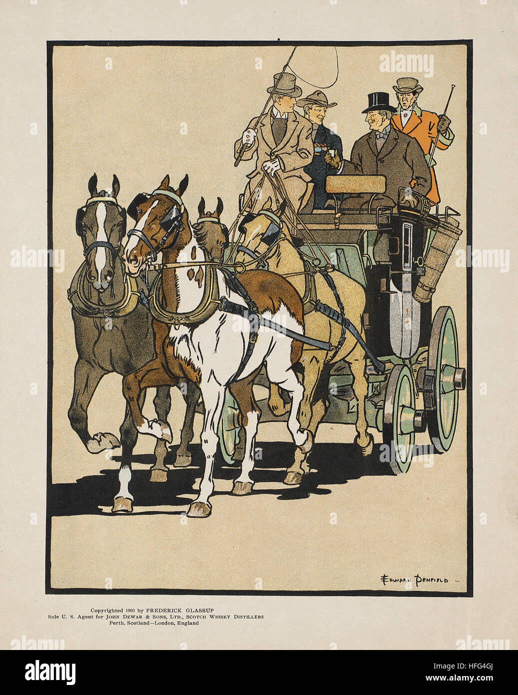 Four men riding on top of a carriage being drawn by four horses Stock Photo