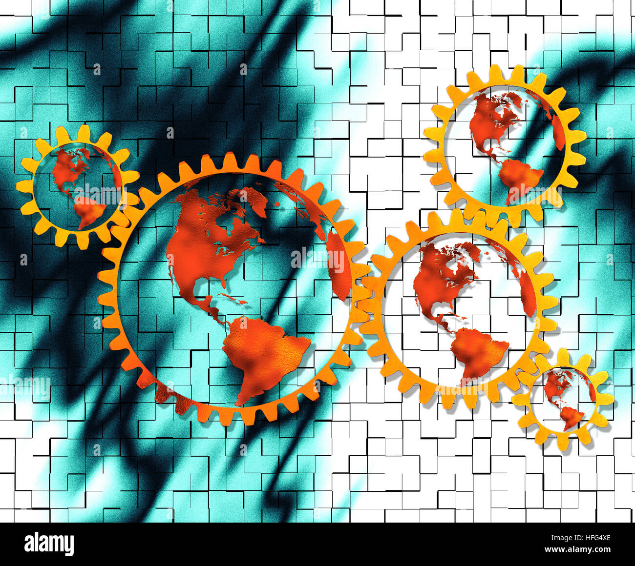Symbolic Image of the 5 Continents with Gears Stock Photo