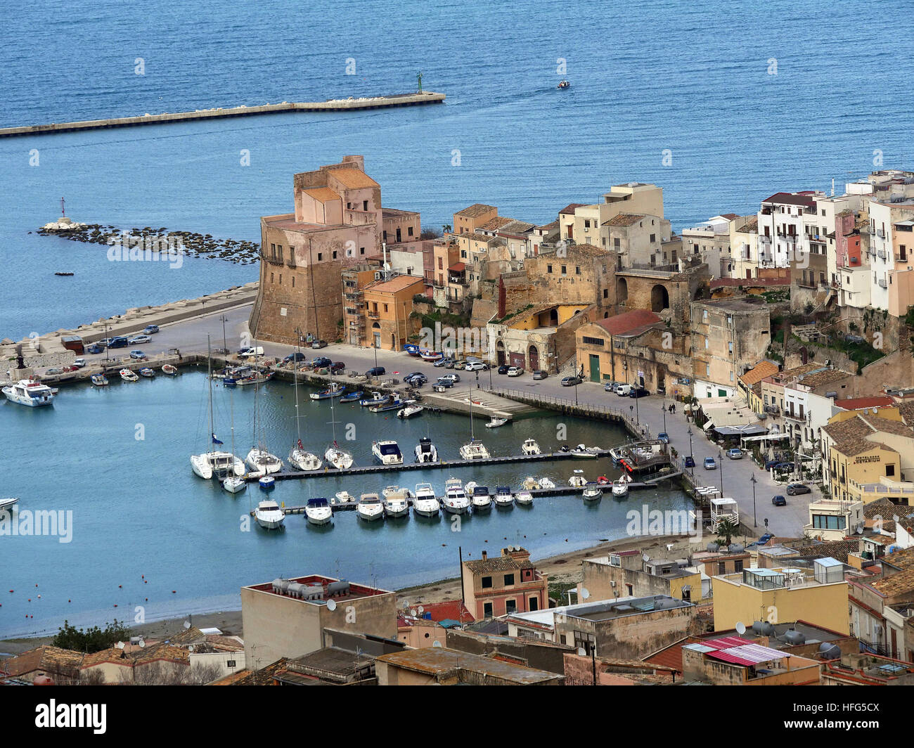 View of Castellammare del Golfo, with Arab-Norman castell, Province of Trapani, Sicily, Italy Stock Photo