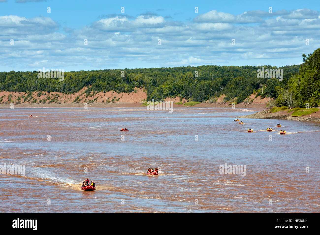 Tidal bore rafting, Shubenacadie river, Maitland, Nova Scotia, Canada Stock Photo