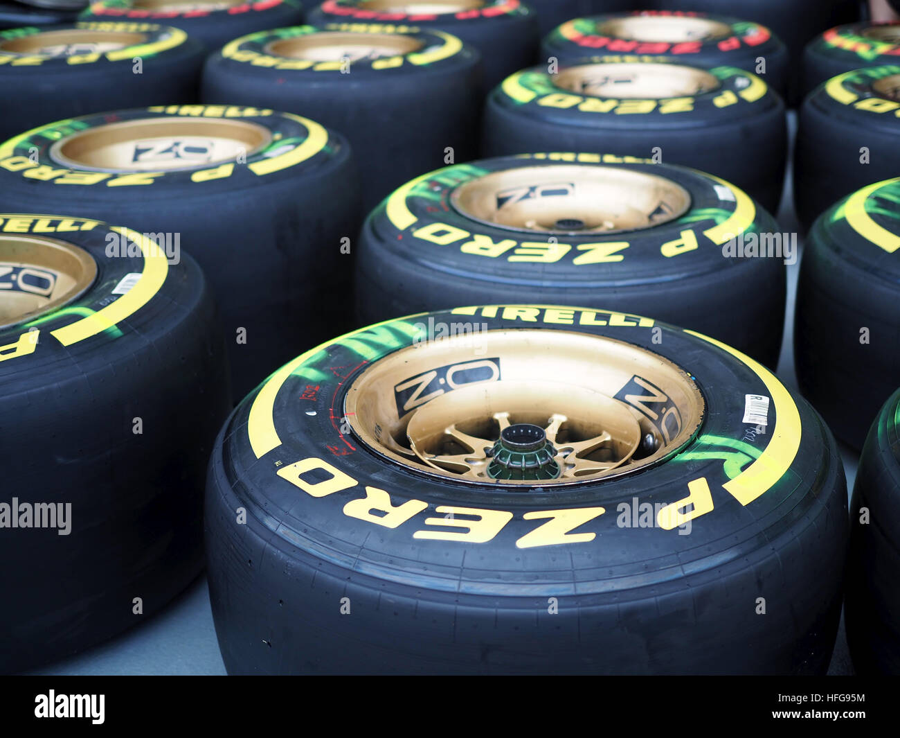 Formula One F1 grand prix racing motor sport P Zero tires wheels gold  Pirelli Stock Photo - Alamy