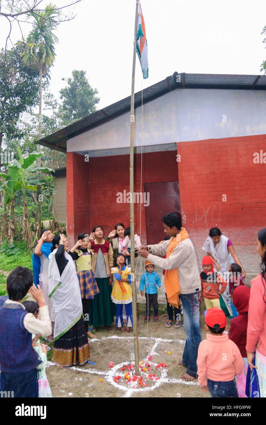 Majuli: Flag hoisting to the national holiday of India in a village on the island Majuli, Assam, India Stock Photo