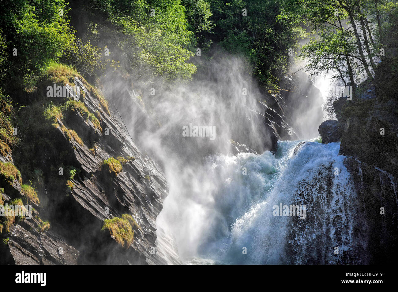 Thunderous Ulafossen Falls, Oppland, Norway. Taken in Spring. Stock Photo