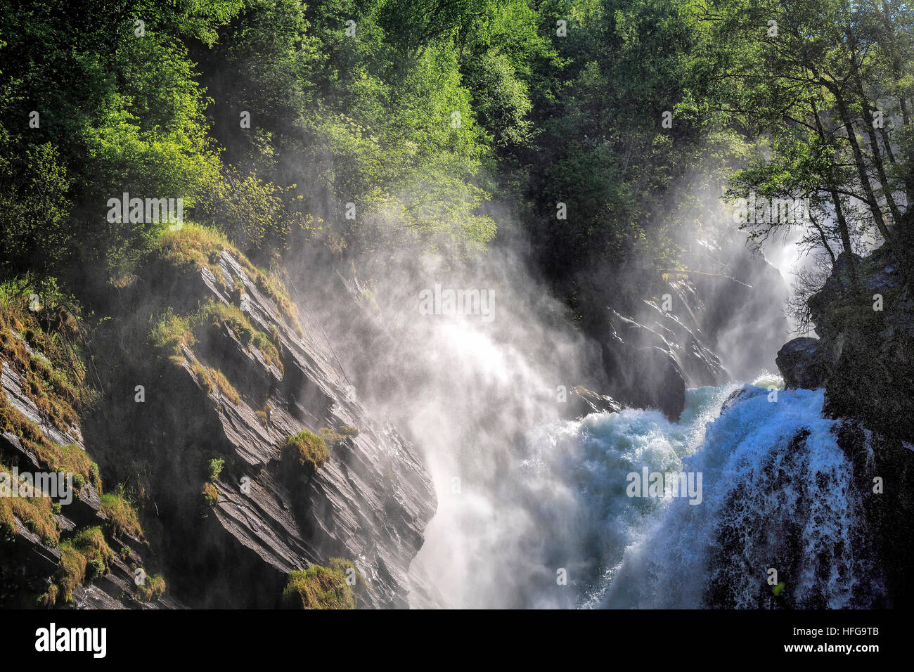 Thunderous Ulafossen Falls, Oppland, Norway. Taken in Spring. Stock Photo