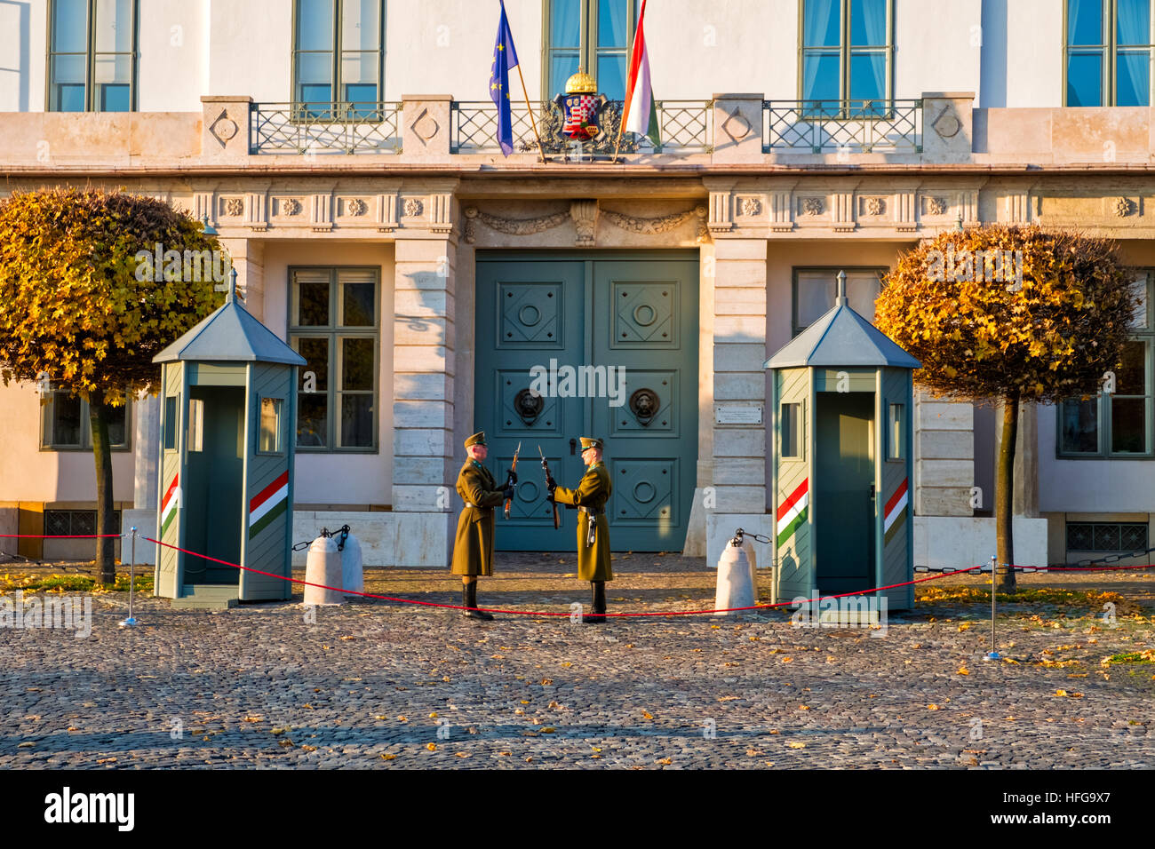 Changing of the guards in front of the Hungarian Presidential Palace Budapest, Hungary Stock Photo