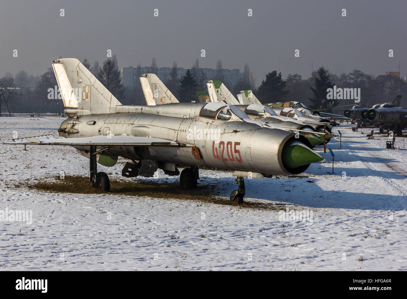 Row of Polish MiG-21's marks the start of 'Mig Alley' at the Polish Air Museum in Krakow. Stock Photo