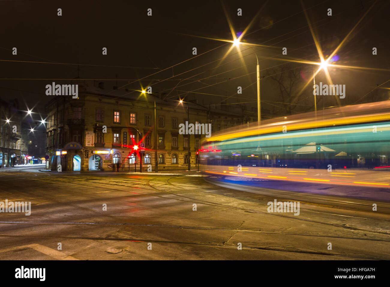 One of the city's trams captured at night. Stock Photo