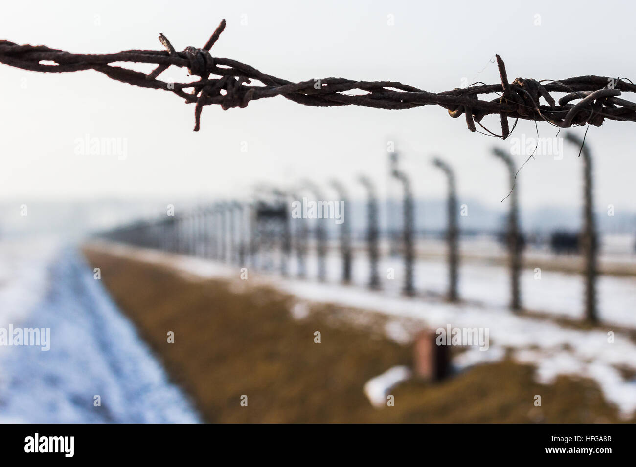 Looking inside Auschwitz 2 in Poland. Stock Photo