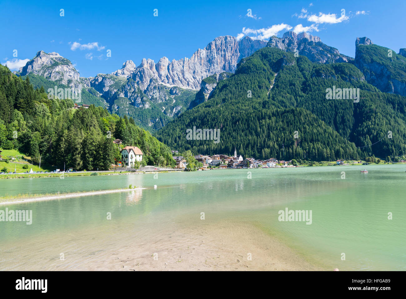 Alleghe,Italy-August 22,2016:view of the  Alleghe village and his under the dolomitic mount of Civetta during a sunny day. Stock Photo