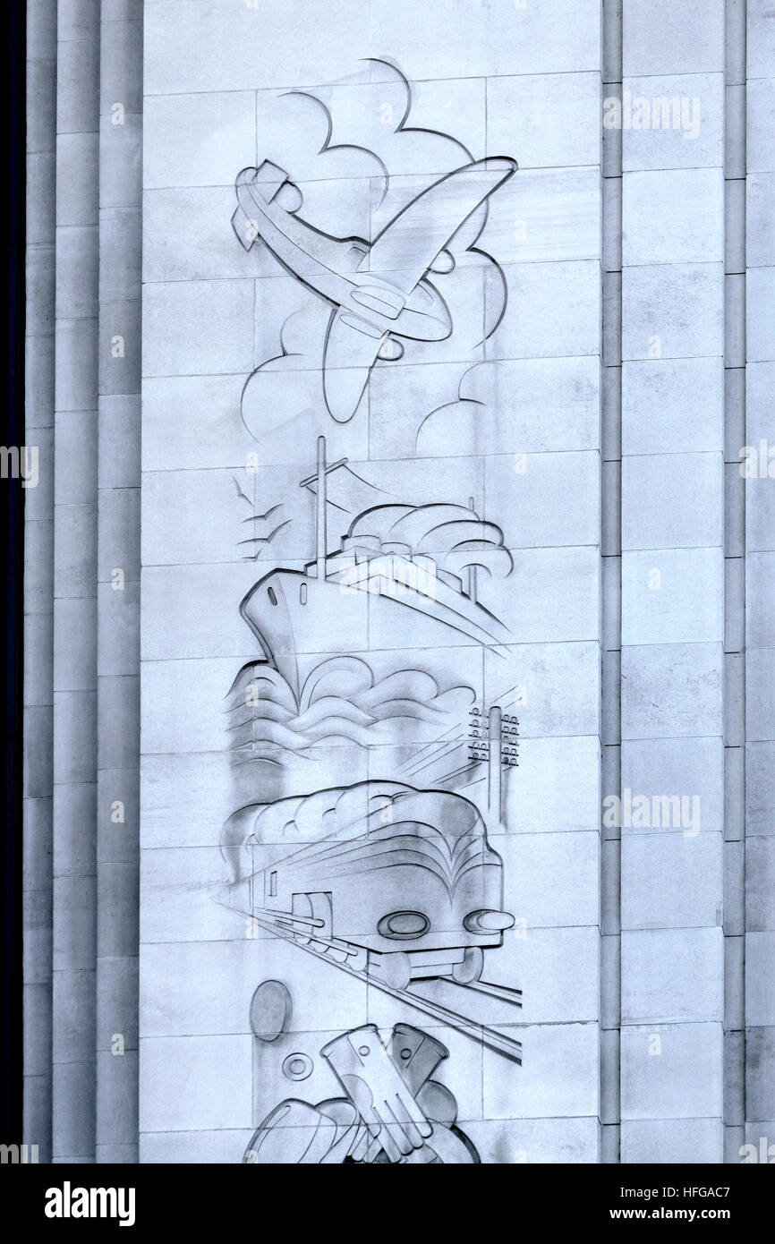 London, England, UK. Former Barkers Dept Store, Kensington High Street (Art Deco, 1938 - arch: Bernard George) Art Deco facade detail Stock Photo