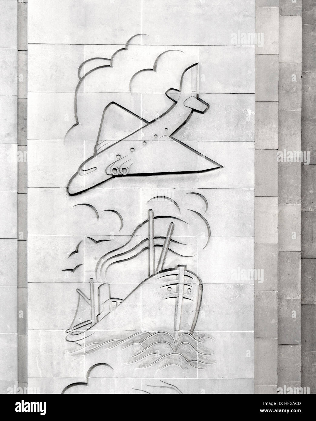 London, England, UK. Former Barkers Dept Store, Kensington High Street (Art Deco, 1938 - arch: Bernard George) Art Deco facade detail Stock Photo