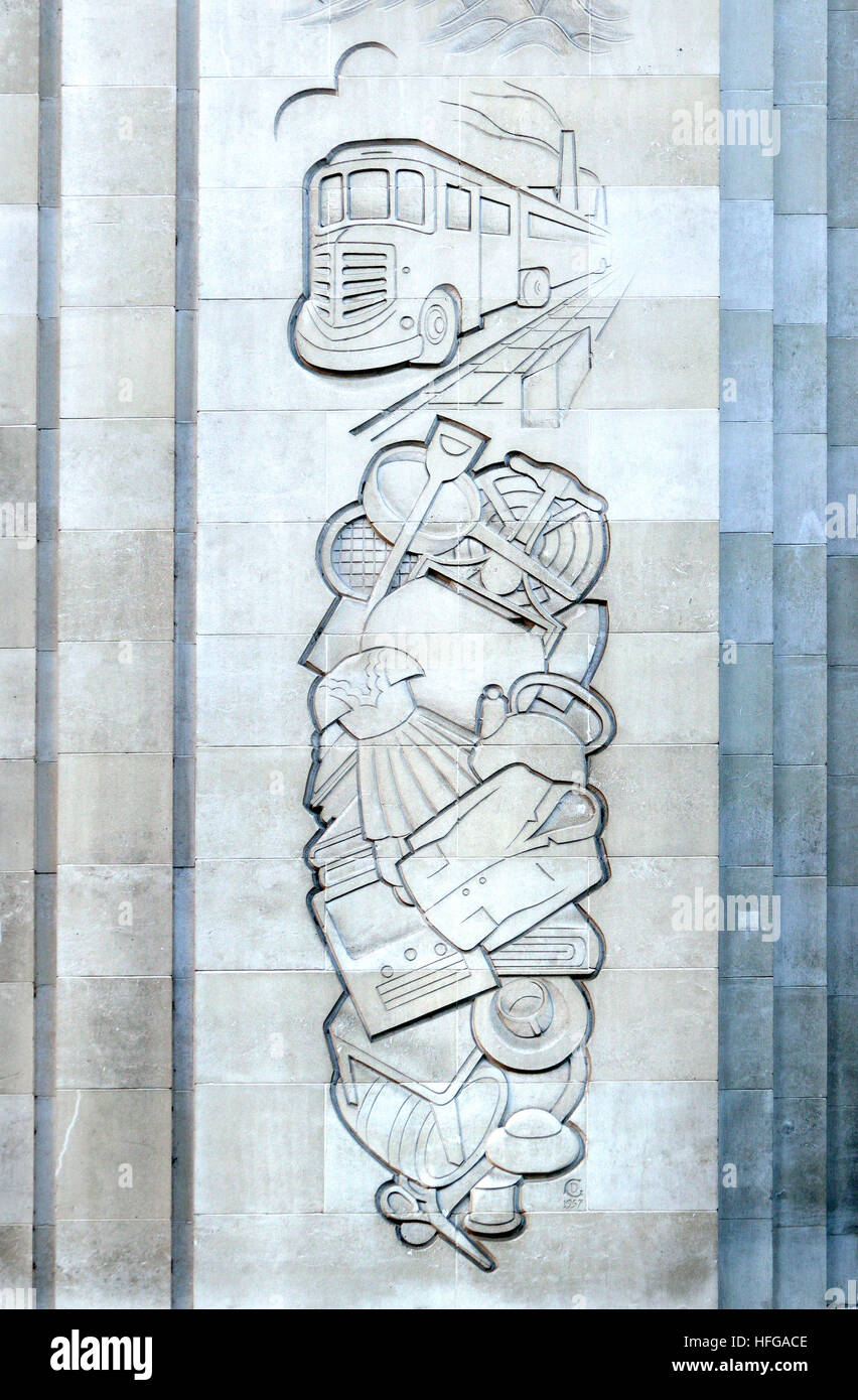 London, England, UK. Former Barkers Dept Store, Kensington High Street (Art Deco, 1938 - arch: Bernard George) Art Deco facade detail Stock Photo