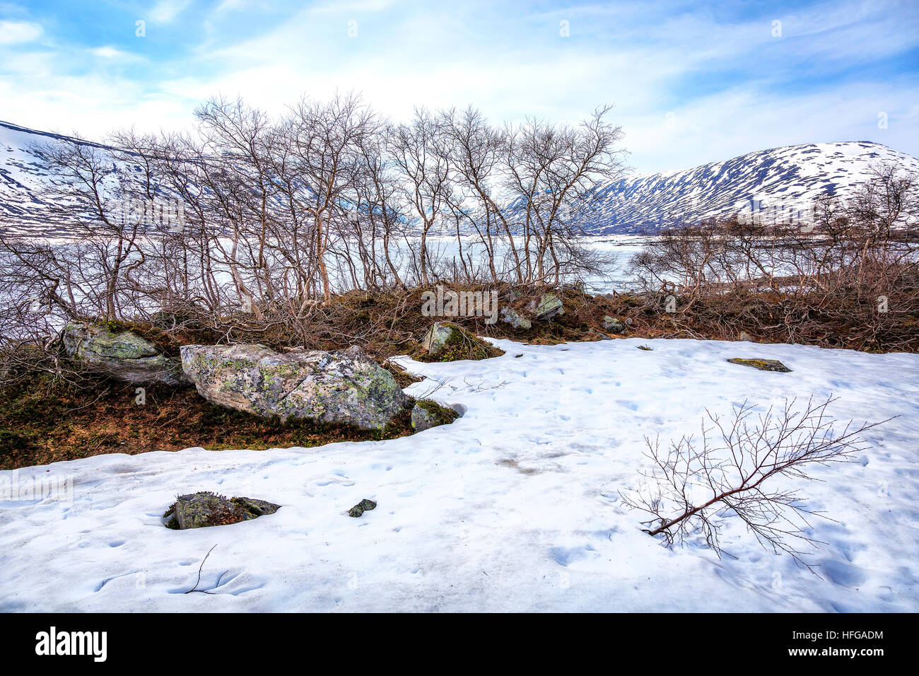 The ice breaking up on the lake in Fjordane, Norway in Spring. Isolated pockets of ice remain on the land. Stock Photo