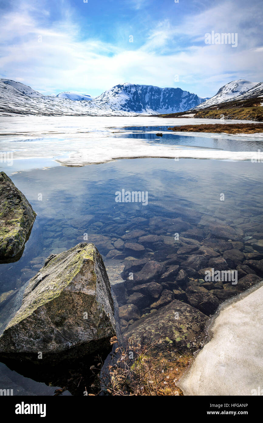 The ice breaking up on the lake in Fjordane, Norway in Spring. The water is very clear. Stock Photo
