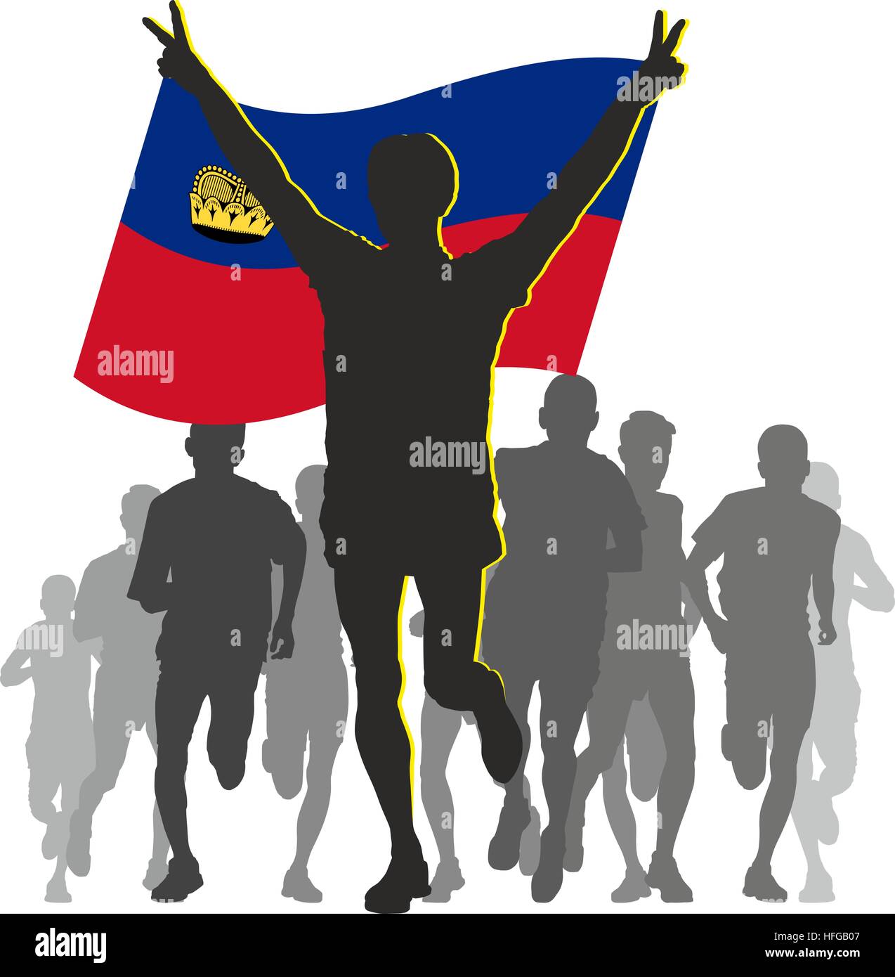Athlete with the Liechtenstein flag at the finish Stock Photo