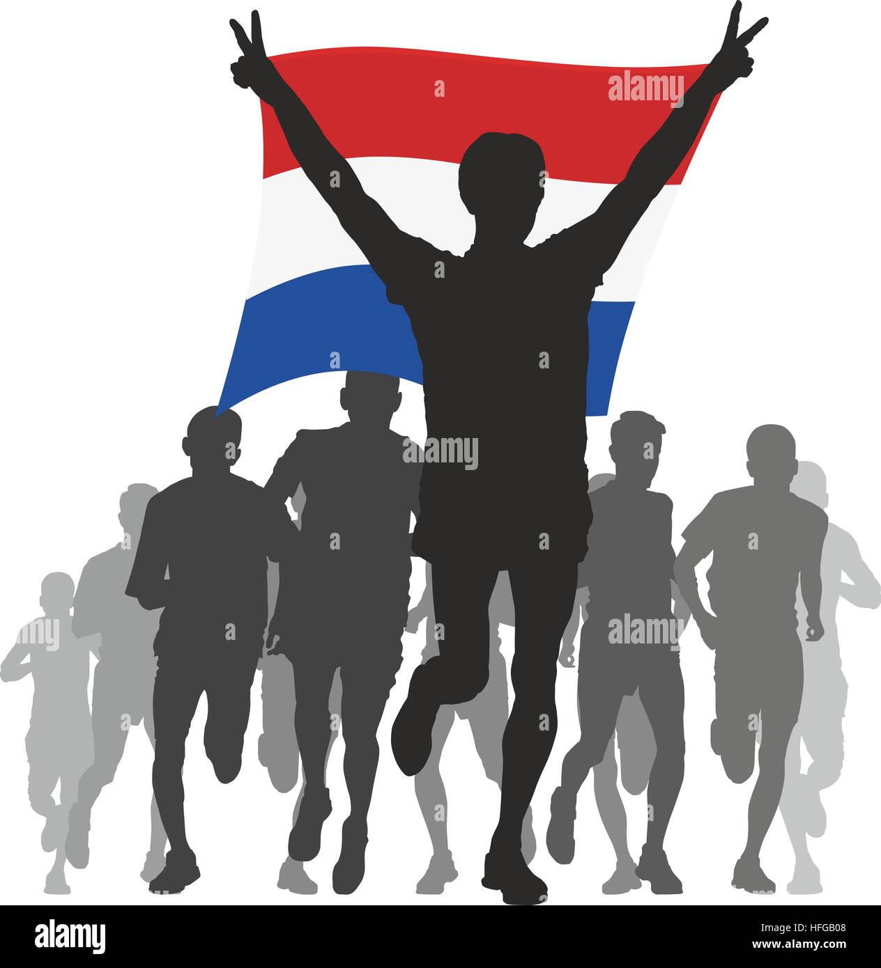 Athlete with the Netherlands flag at the finish Stock Photo