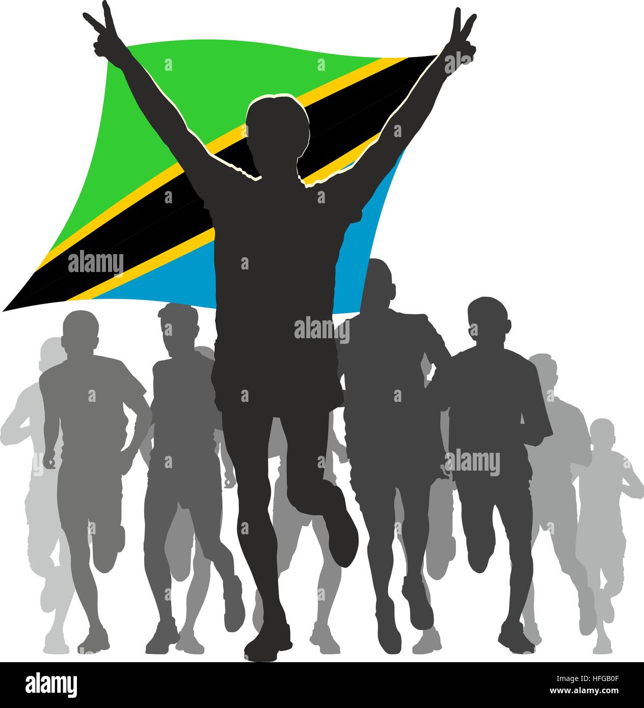 Athlete with the Tanzania flag at the finish Stock Photo