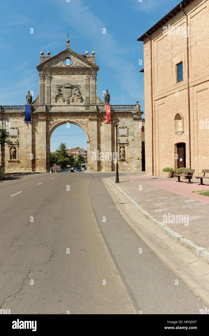 The southern facade of the Arch de San Benito in Sahagun, Leon, Spain dates from 1662 and was the original door into the Royal Monastery of San Benito. Stock Photo