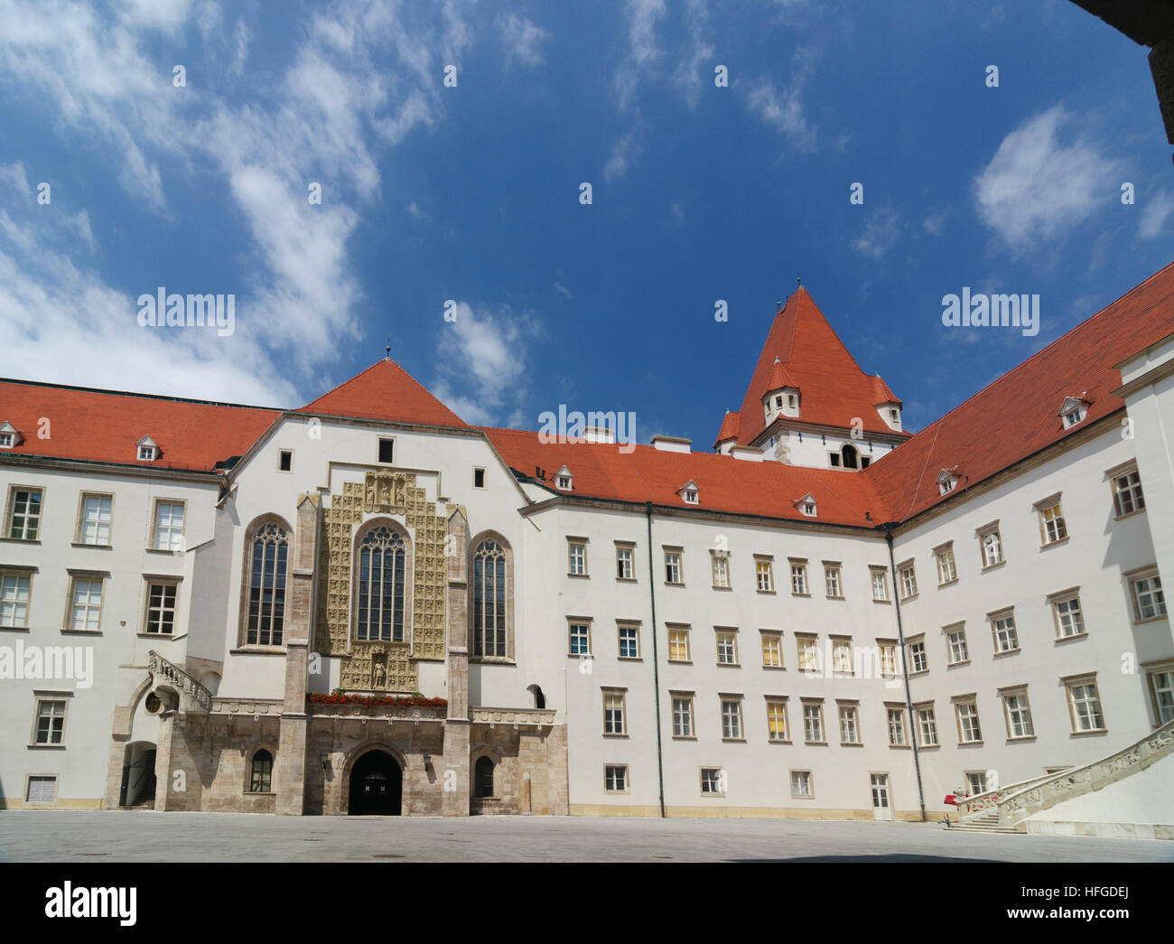 Wiener Neustadt Castle (imperial military academy) with coat of arms, Wiener Alpen, Alps
