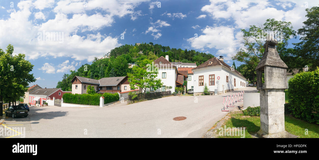 Pitten: Town center, castle and devil's cross, Wiener Alpen, Alps, Niederösterreich, Lower Austria, Austria Stock Photo