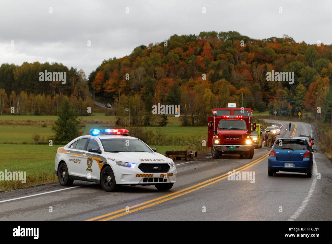 emergency vehicles at the scene of a car accident in Rawdon, Quebec
