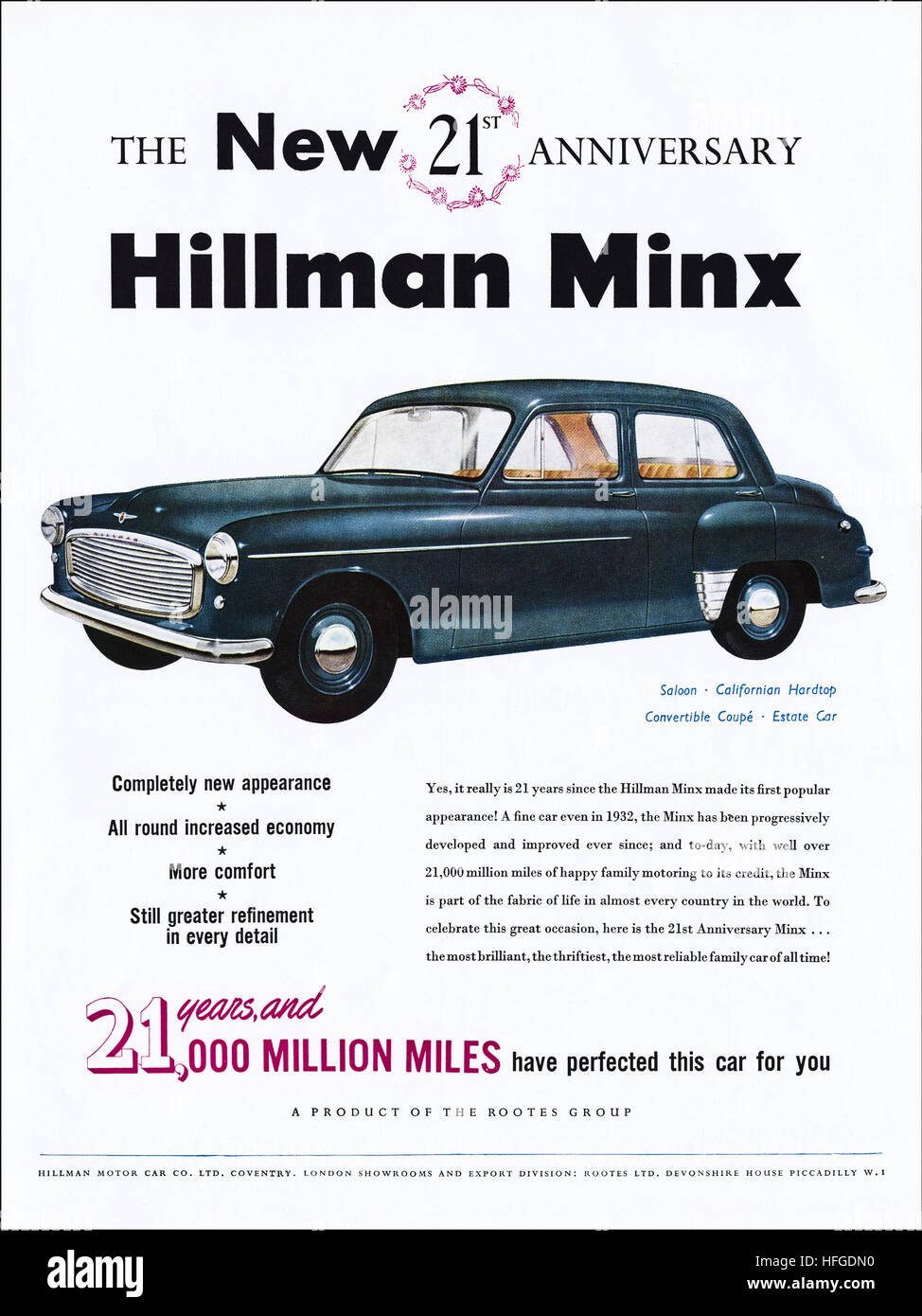 1950s advertising advert from original old vintage English magazine dated 1953 advertisement for Rootes Group Hillman Minx 21st Anniversary Stock Photo