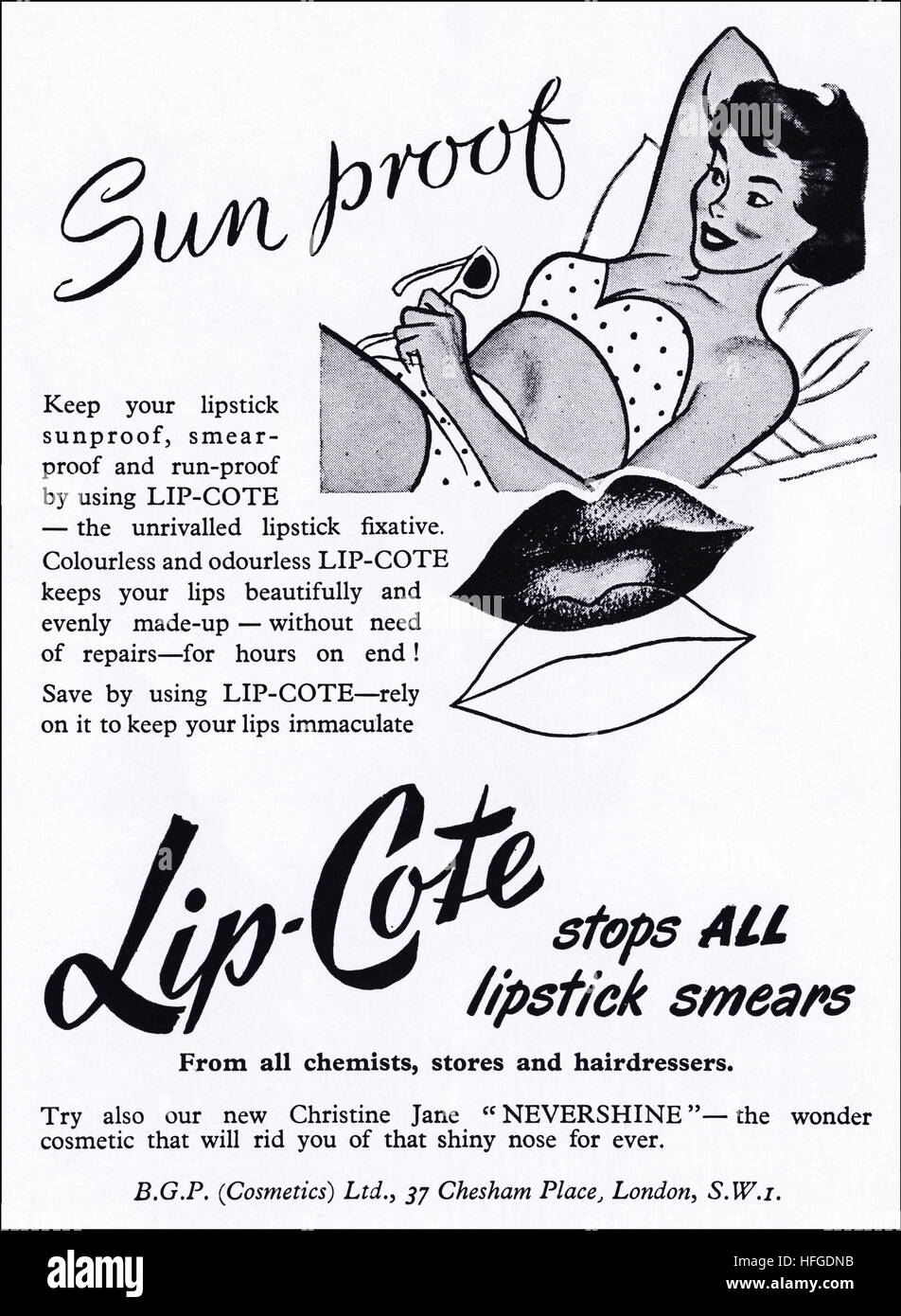 1950s advertising advert from original old vintage English magazine dated 1953 advertisement for Lip-Cote cosmetics Stock Photo