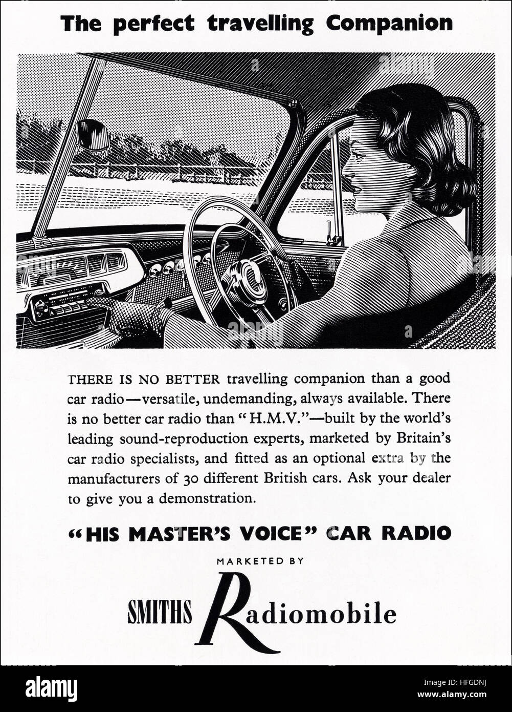 1950s advertising advert from original old vintage English magazine dated 1953 advertisement for His Masters Voice car radio by Smiths Radiomobile Stock Photo